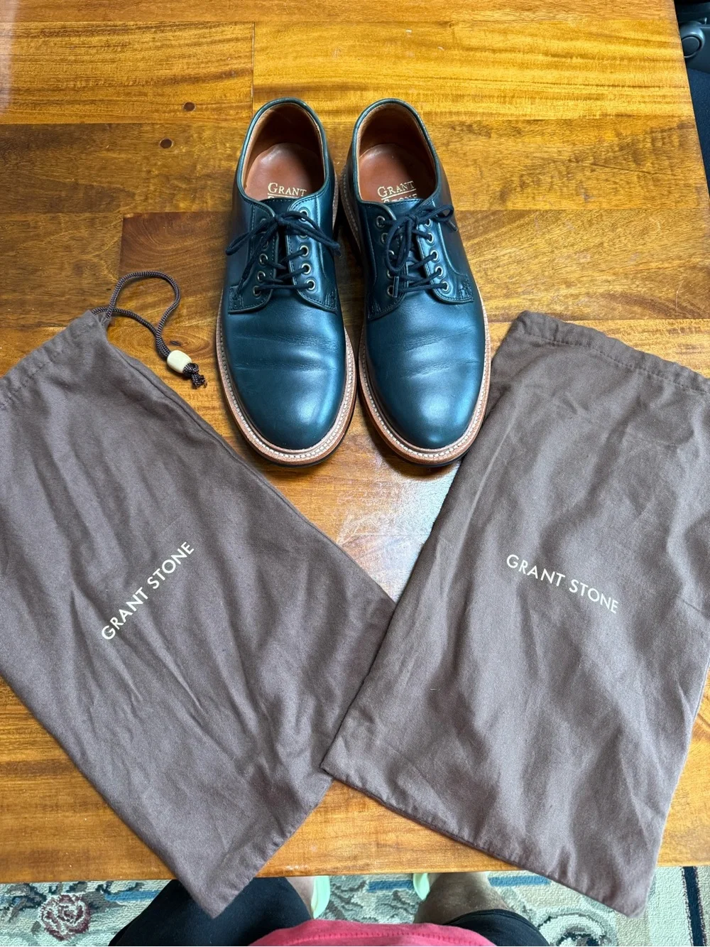 Grant Stone Classic Men's Blue Leather Derby Shoes with Tan Welt